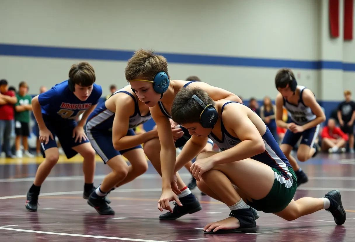 Young athletes competing in a high school wrestling match.