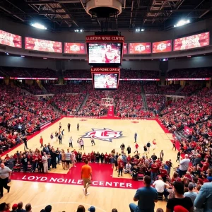Fans at Lloyd Noble Center during an Oklahoma Sooners basketball game