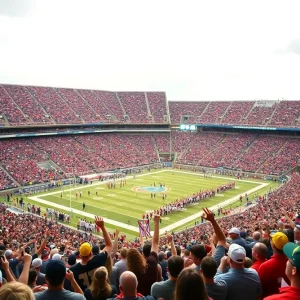 Energetic atmosphere at an Oklahoma Sooners football game with cheering fans.