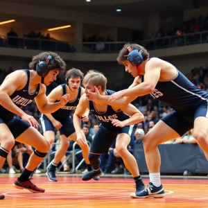 Wrestlers from Oklahoma Sooners competing in a dual meet