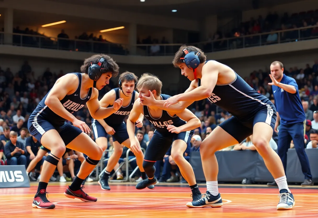 Wrestlers from Oklahoma Sooners competing in a dual meet