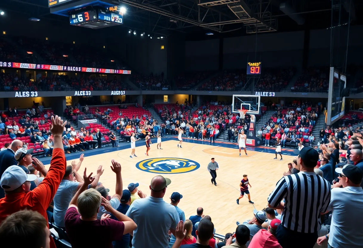 Fans cheering at a college basketball game between Oklahoma State Cowboys and Baylor Bears.