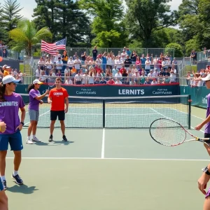 Oklahoma State Cowgirl tennis players practicing on court