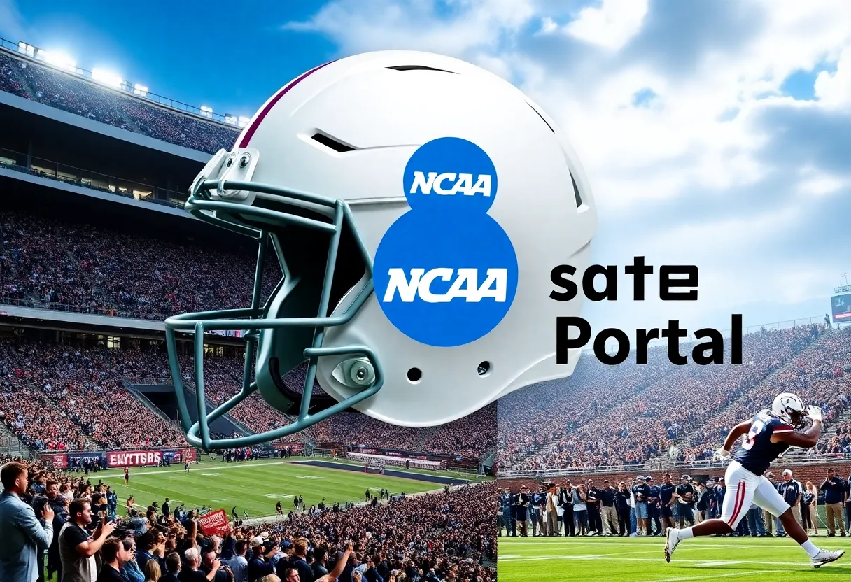 Collage of college football elements including a helmet and stadium.