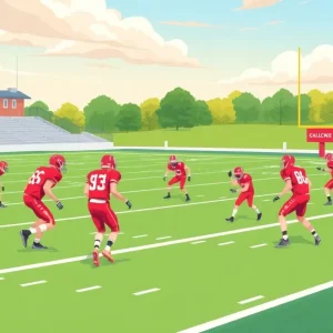 College football players practicing on the field