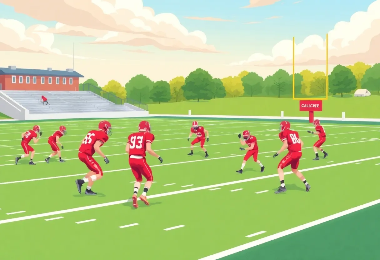 College football players practicing on the field