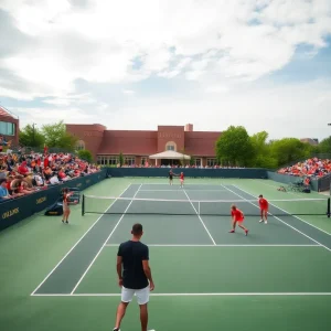 Tennis court at Oklahoma State University with players and fans