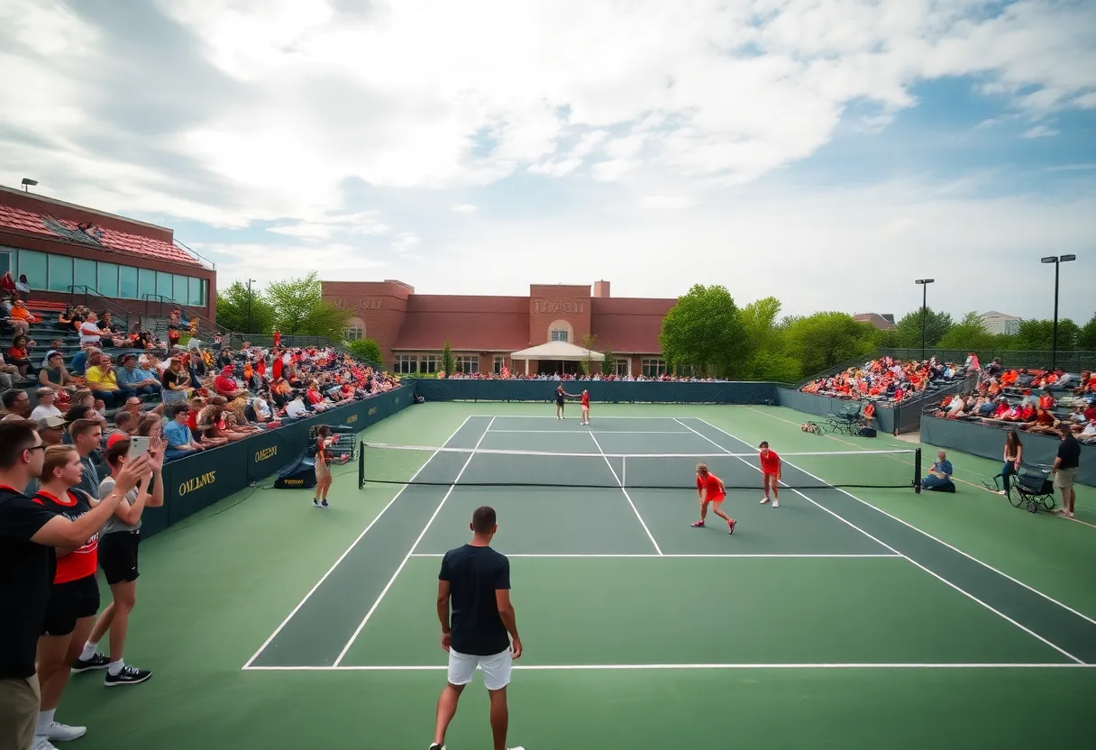 Tennis court at Oklahoma State University with players and fans
