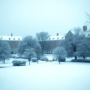 Snow-covered Oklahoma State University campus during winter