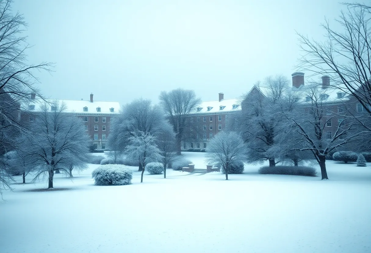 Snow-covered Oklahoma State University campus during winter