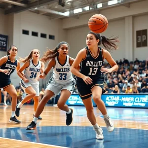 Female athletes playing basketball in a competitive game.