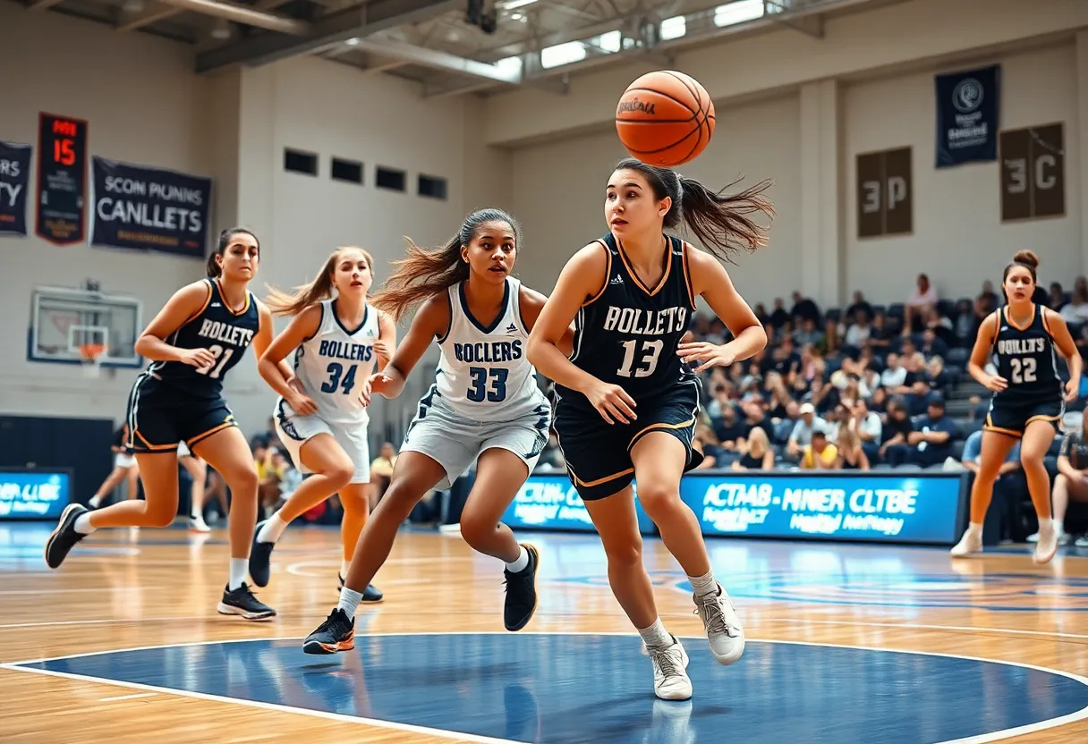 Female athletes playing basketball in a competitive game.