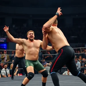 Wrestlers from Oklahoma State University competing in a match at Gallagher-Iba Arena.