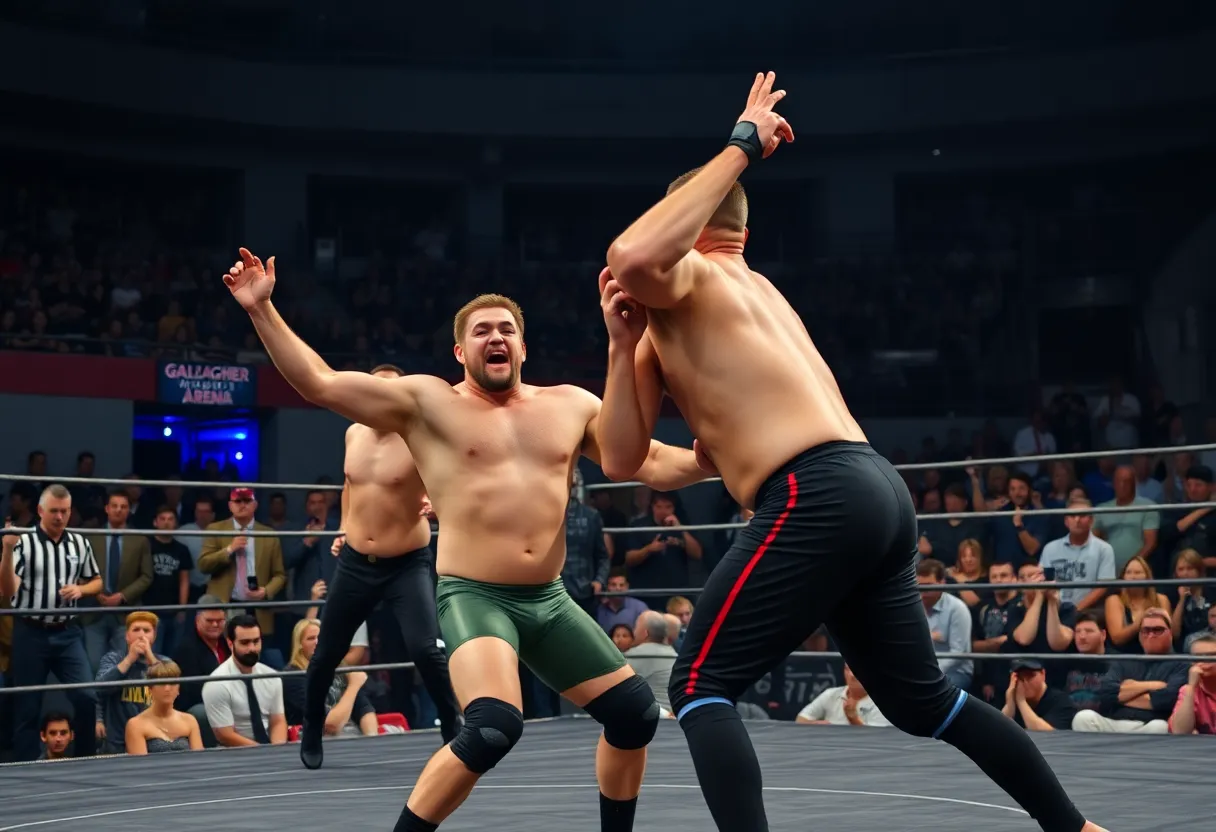 Wrestlers from Oklahoma State University competing in a match at Gallagher-Iba Arena.