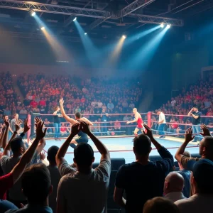 Oklahoma State wrestlers competing in front of a large crowd at Gallagher-Iba Arena.