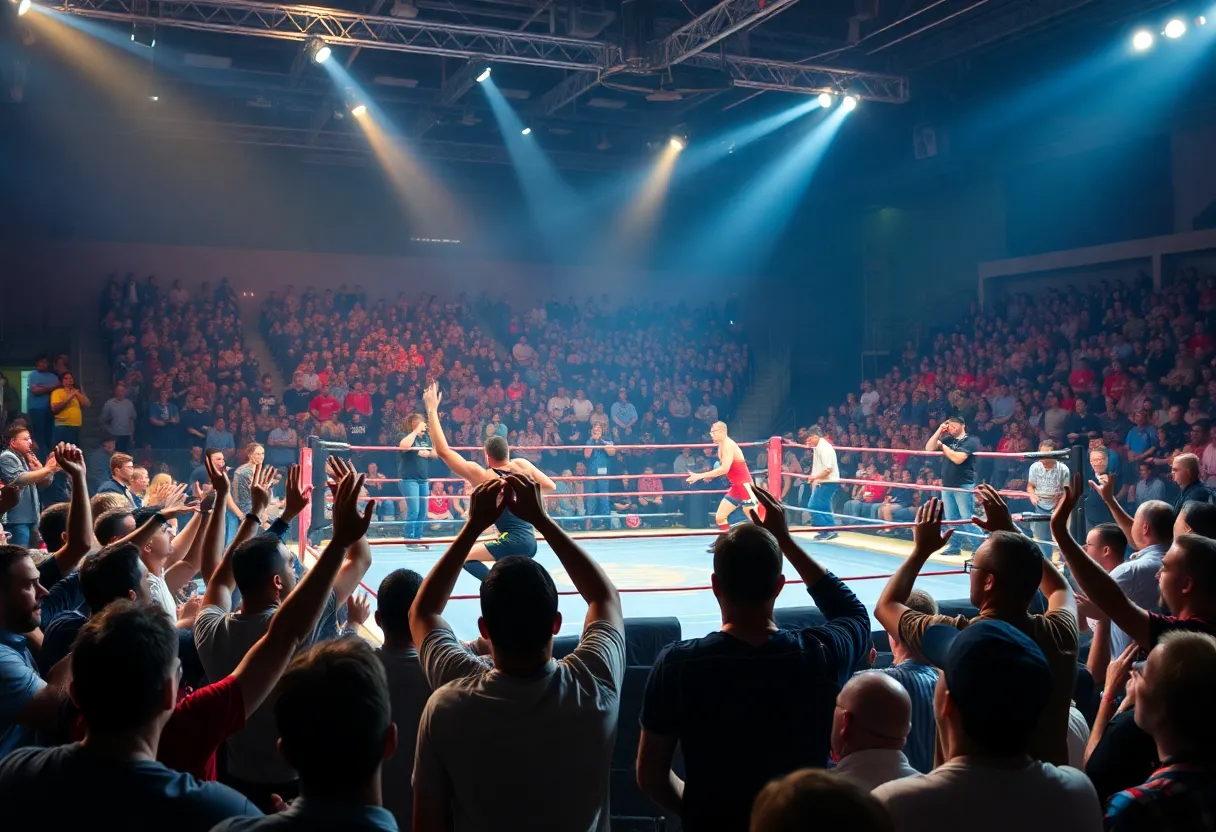 Oklahoma State wrestlers competing in front of a large crowd at Gallagher-Iba Arena.