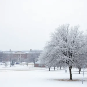 Snow-covered university campus in Oklahoma during winter storm