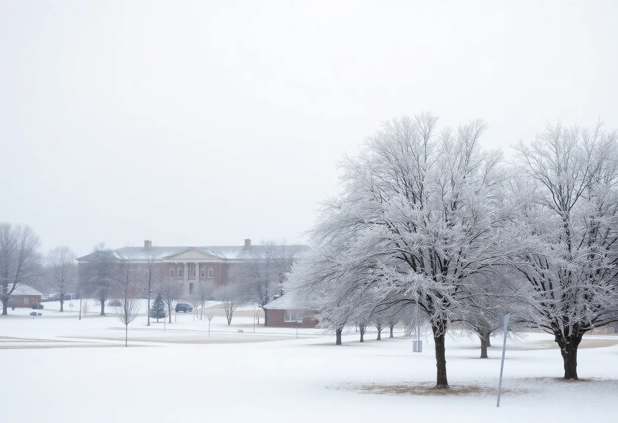 Snow-covered university campus in Oklahoma during winter storm