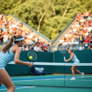 Players competing in a college women's tennis match