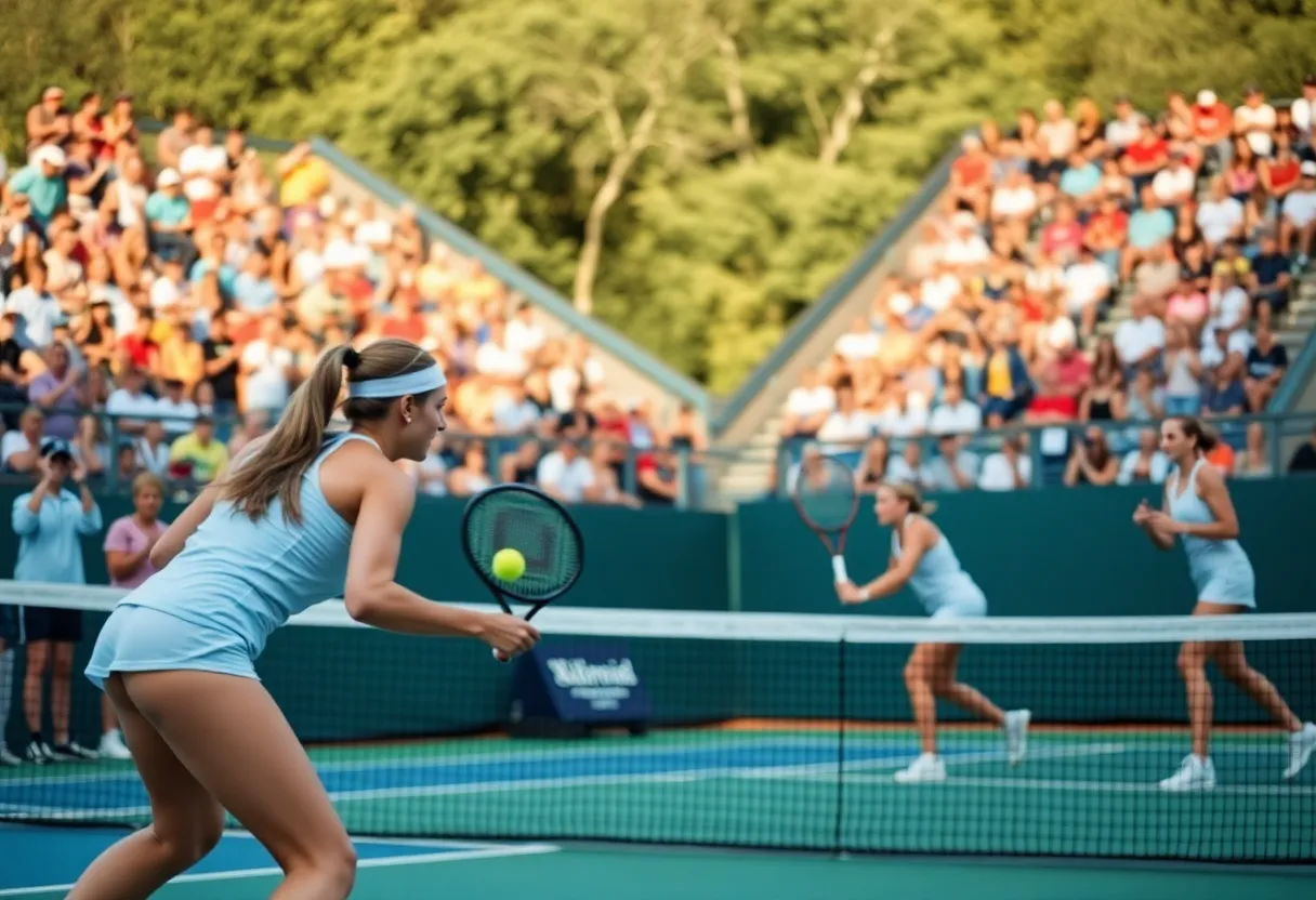 Players competing in a college women's tennis match