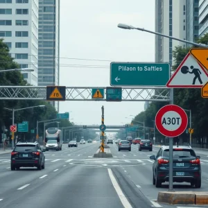 Busy traffic on NW Expressway in Oklahoma City with safety signs.