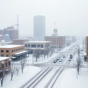 Snow-covered buildings and streets in Oklahoma City during a winter storm.