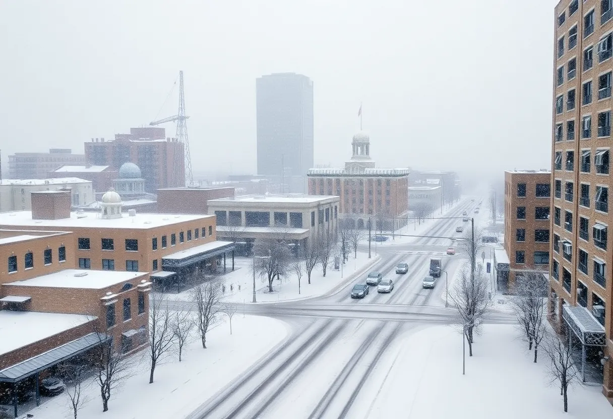 Snow-covered buildings and streets in Oklahoma City during a winter storm.