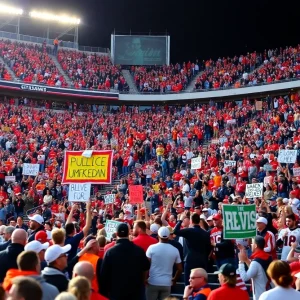A packed stadium during an Oklahoma State Cowboys football game with fans cheering.