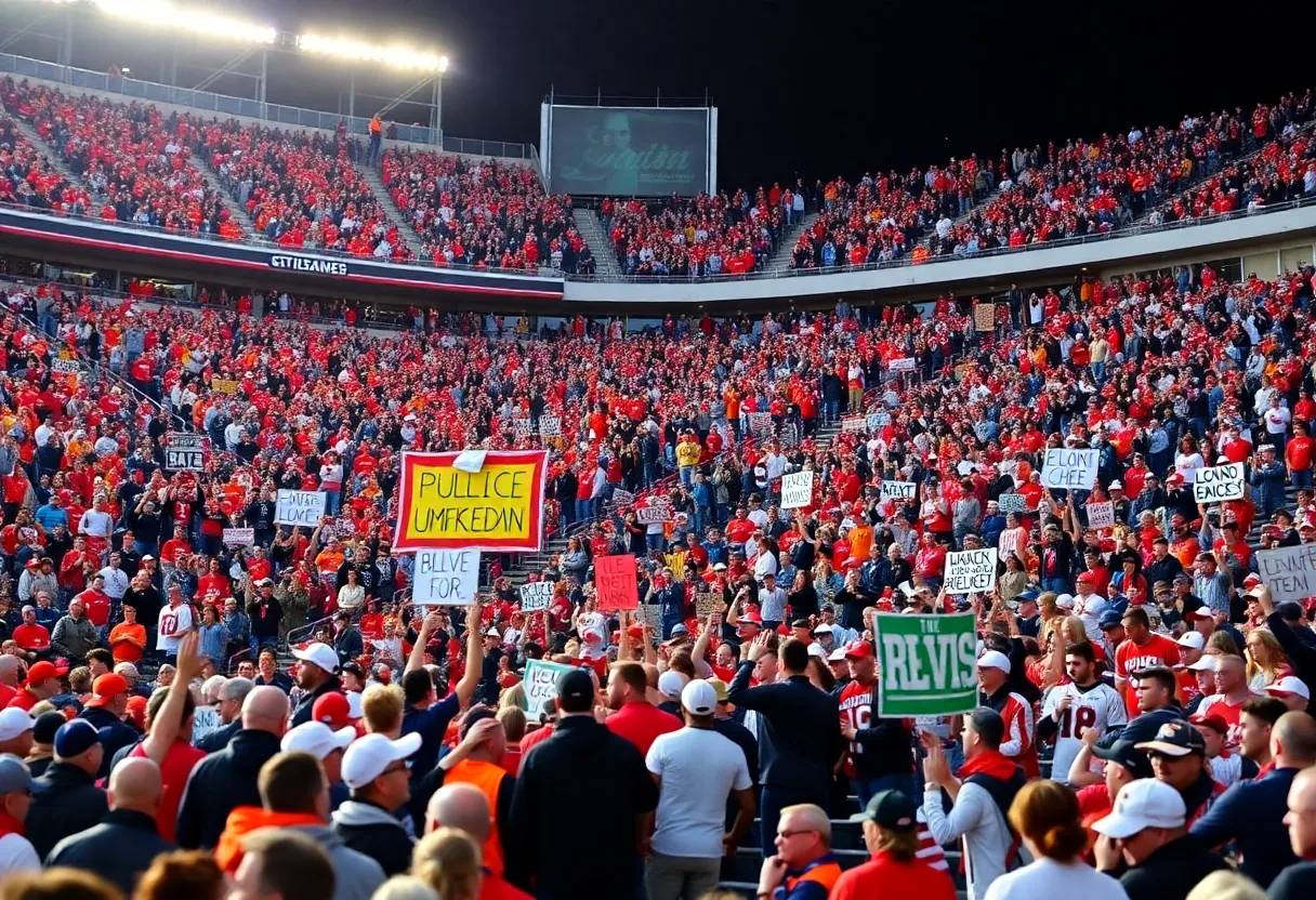 A packed stadium during an Oklahoma State Cowboys football game with fans cheering.