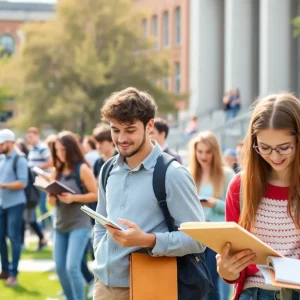 Students studying at the University of Oklahoma campus with greenery in the background.