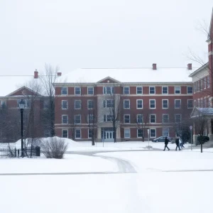 Snow-covered University of Oklahoma campus illustrating closure due to severe weather.