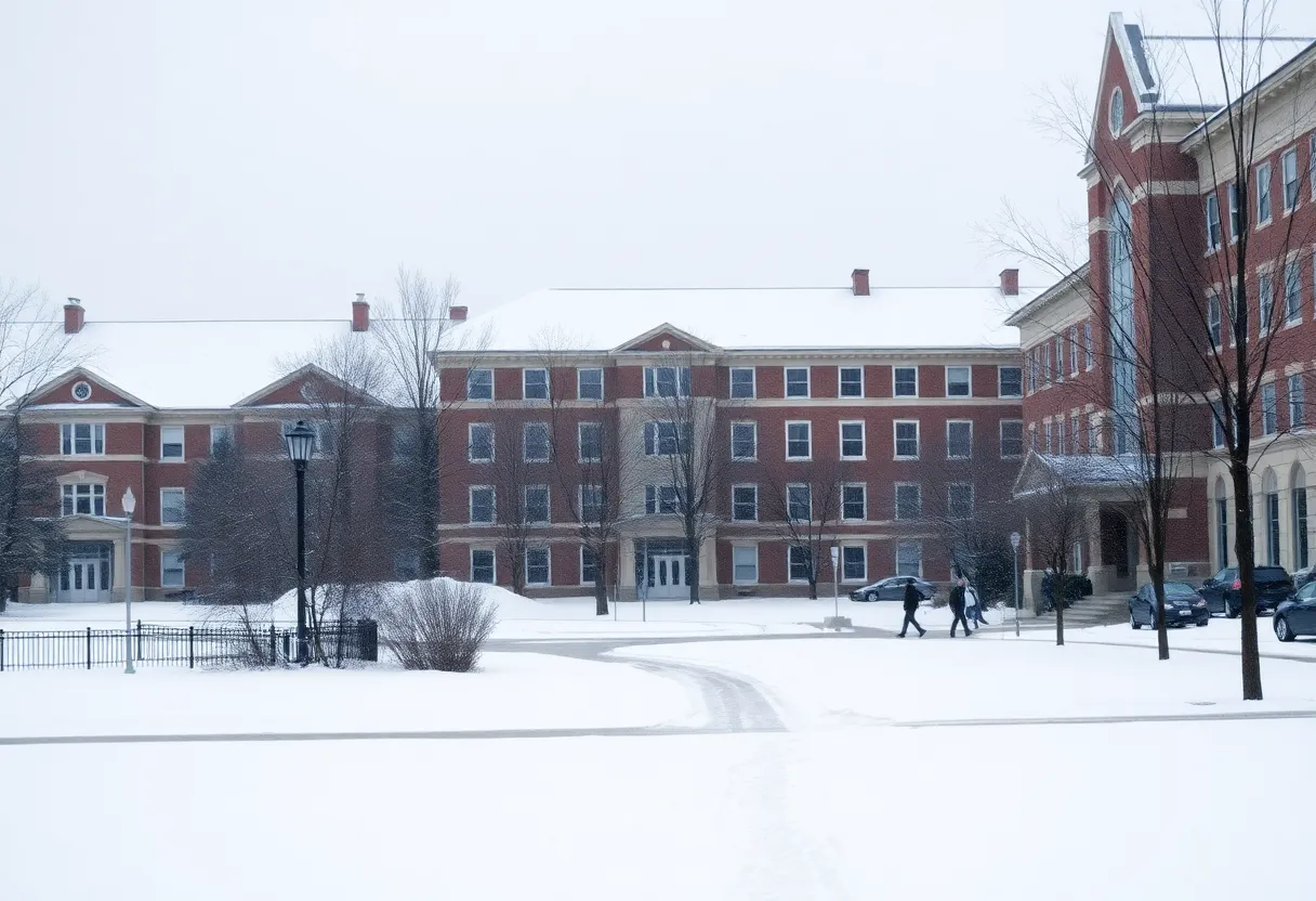 Snow-covered University of Oklahoma campus illustrating closure due to severe weather.
