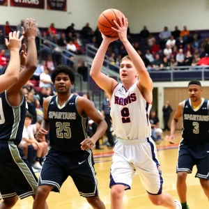 Owasso Rams facing Bixby Spartans in a high school basketball game.