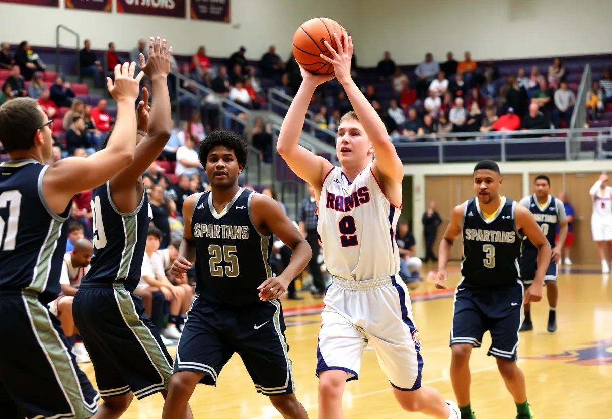 Owasso Rams facing Bixby Spartans in a high school basketball game.