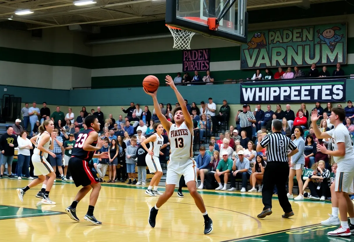 Paden Pirates and Varnum Whippets basketball players in action at Paden High School Gymnasium