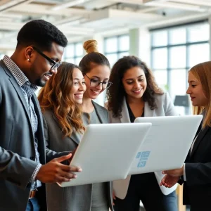 Professionals in an office utilizing automated HR and payroll solutions.