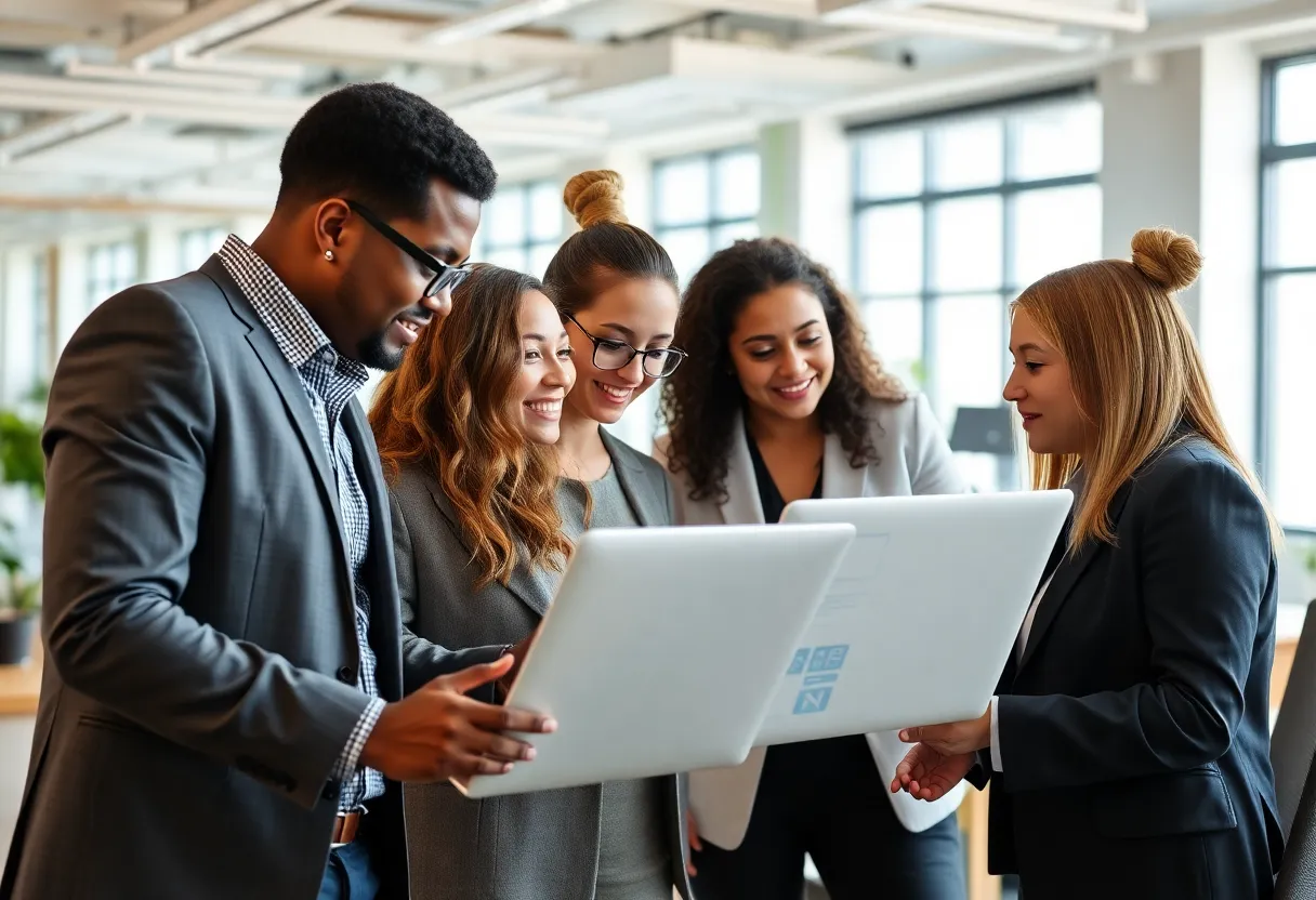 Professionals in an office utilizing automated HR and payroll solutions.