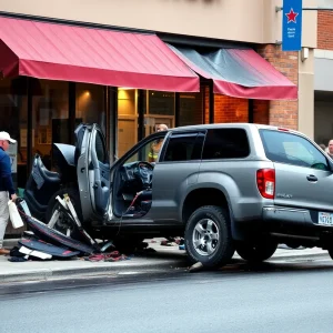 Emergency responders at the scene of a pickup truck crash into a salon.