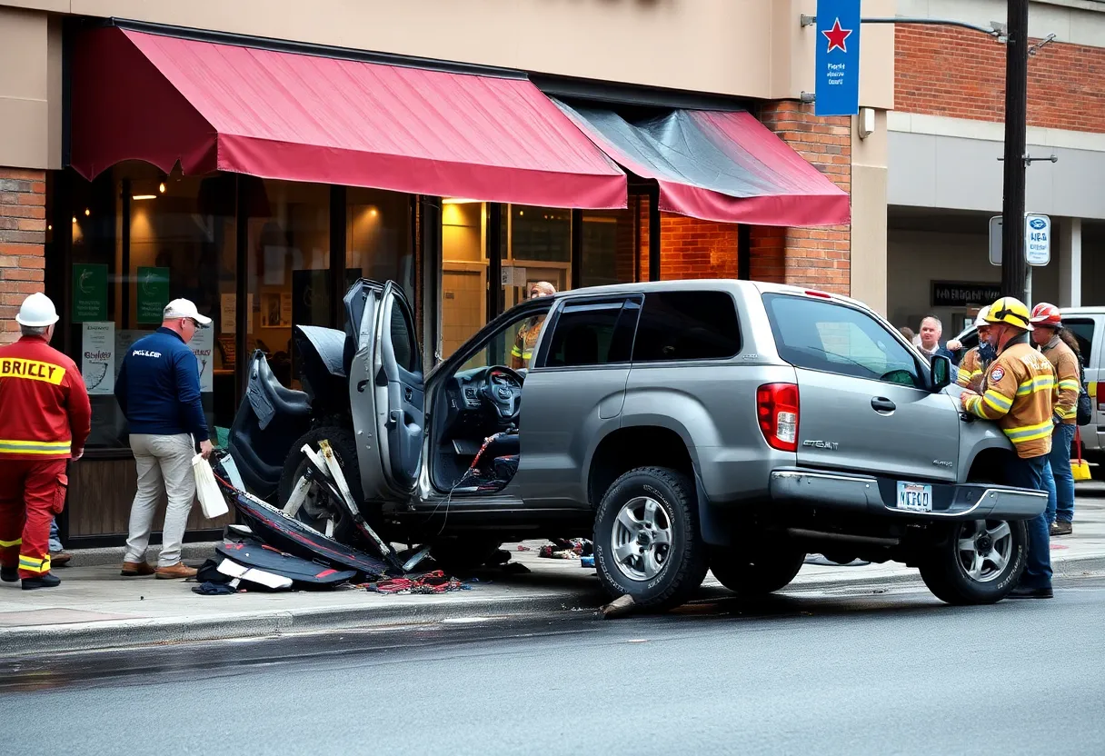 Emergency responders at the scene of a pickup truck crash into a salon.