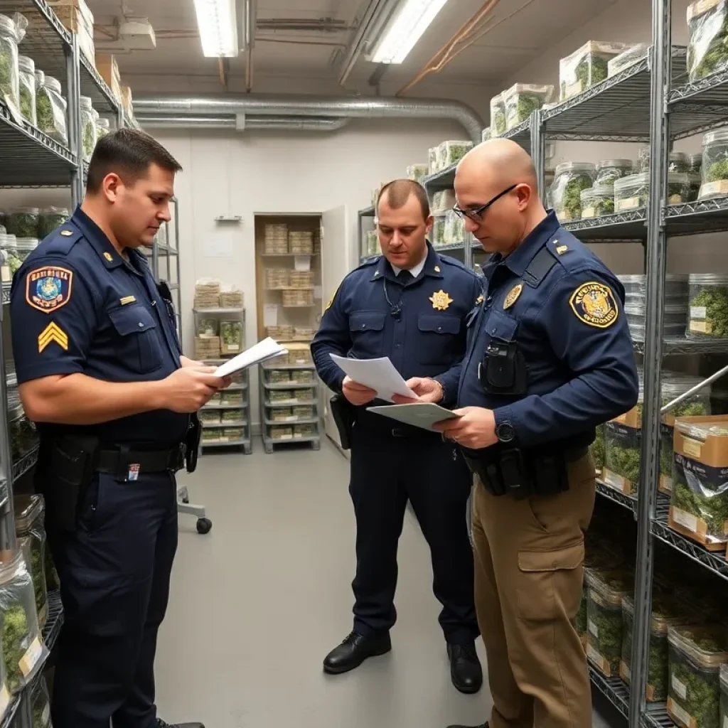 Law enforcement inspecting marijuana products at a facility