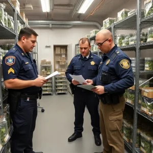 Law enforcement inspecting marijuana products at a facility
