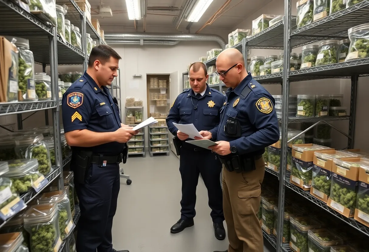 Law enforcement inspecting marijuana products at a facility