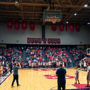 Fans cheering at a high school basketball game between Purcell Dragons and Anadarko Warriors.