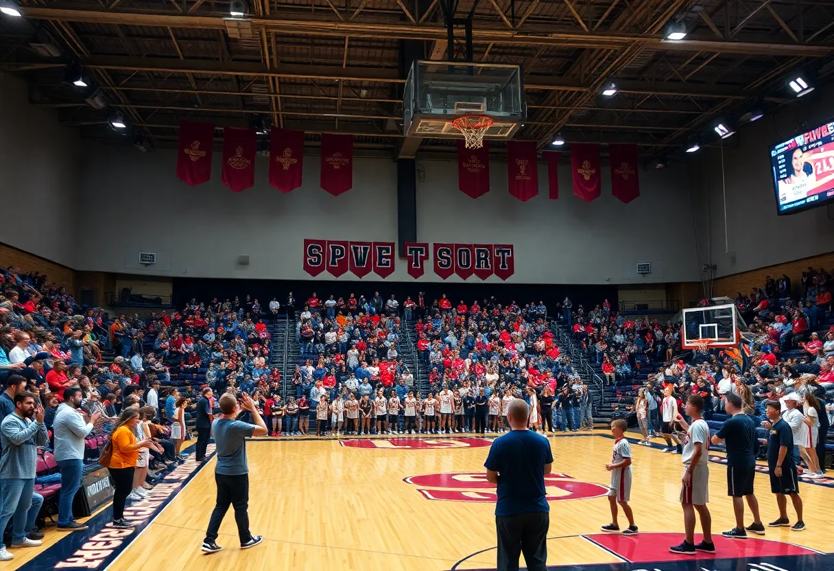 Fans cheering at a high school basketball game between Purcell Dragons and Anadarko Warriors.