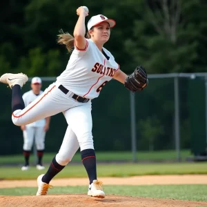 Female pitcher throwing a softball during a game