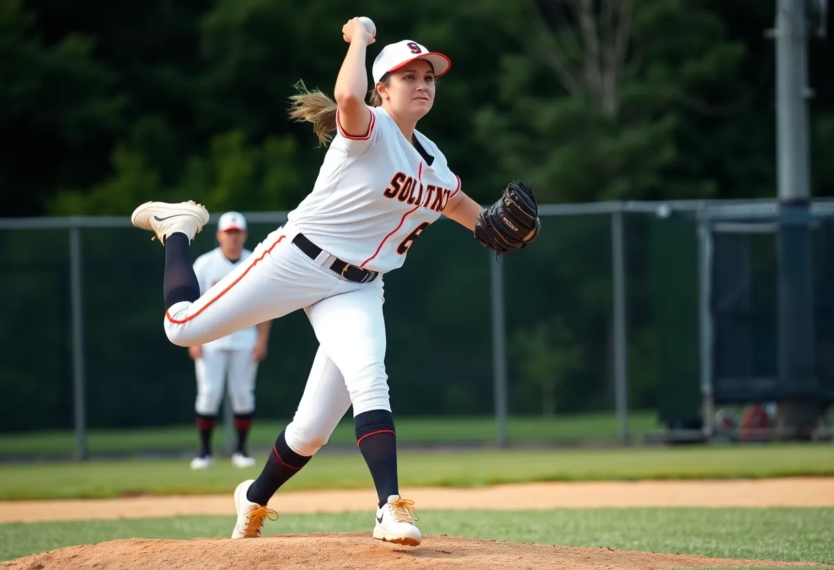 Female pitcher throwing a softball during a game
