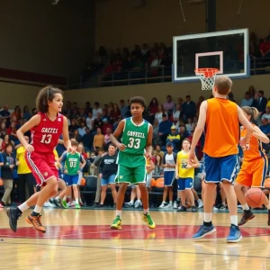High school basketball players in action during Sapulpa vs Deer Creek game