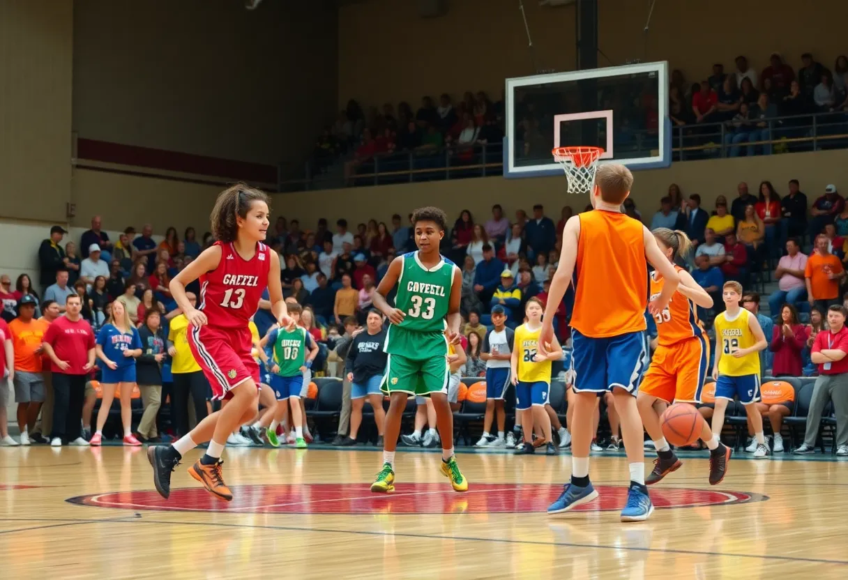 High school basketball players in action during Sapulpa vs Deer Creek game
