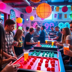 Adults enjoying activities at the 90s themed event at Science Museum Oklahoma