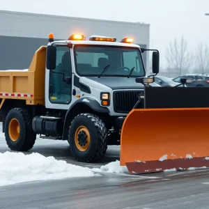 Snowplow operating in a wintery parking lot in Oklahoma City